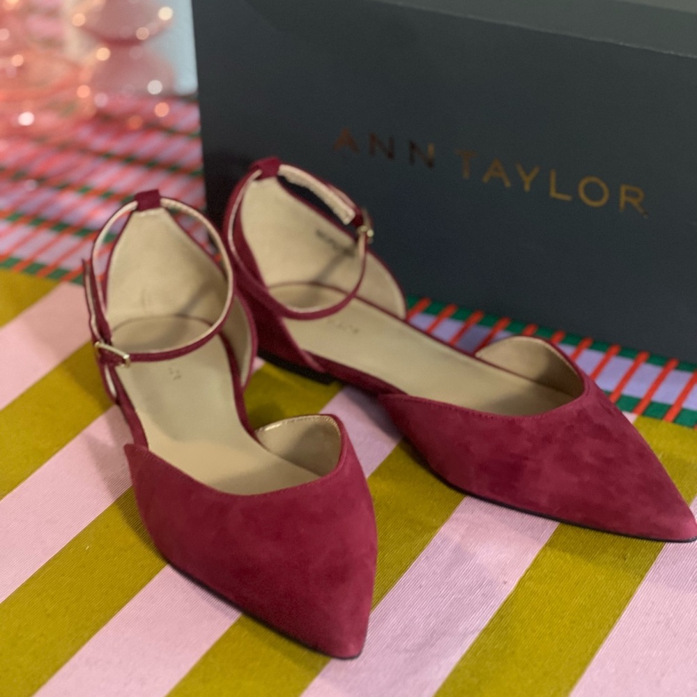 Ankle Strap Pointy Toe Suede Flats Gingham Red